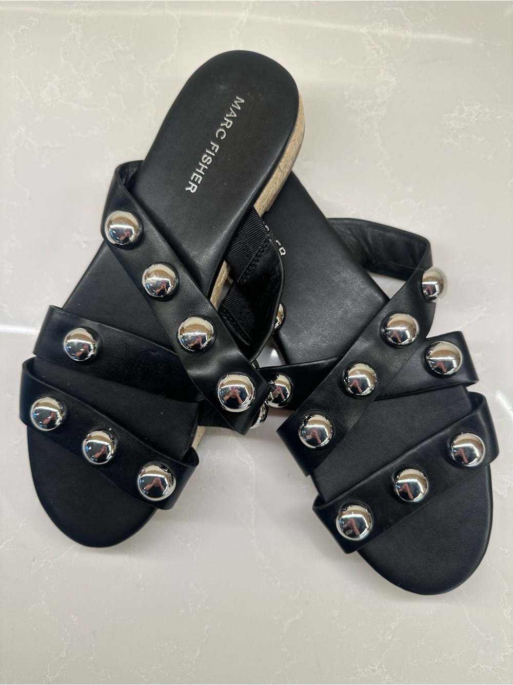 Marc Fisher Prisca Ball-Studded Espadrille Slide Sandals. Size: 9 M Women’s